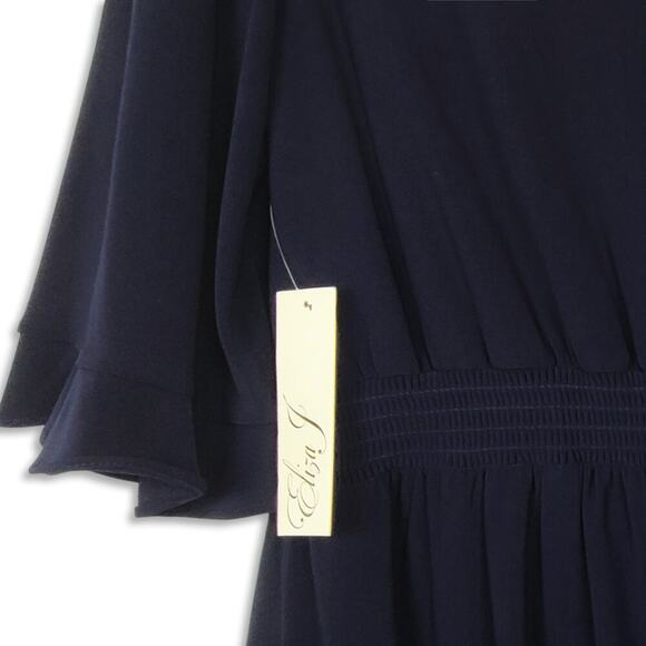 New Eliza J V-Neck Front Slit Elbow Sleeve Asymmetric Party Cocktail Midi Dress - Picture 6 of 8